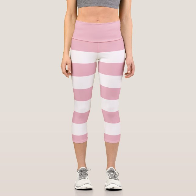 Pink Stripes, White Stripes, Striped Pattern Capri Leggings (Front)