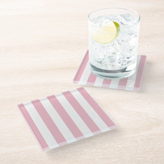 Pink Stripes, White Stripes, Striped Pattern Glass Coaster (Angled)