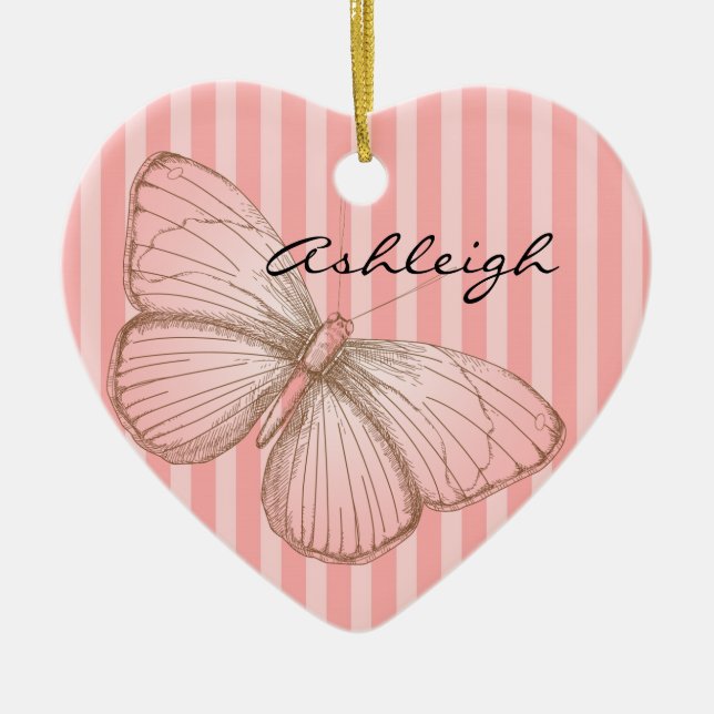 Pink Stripes with Butterfly Ceramic Ornament (Front)