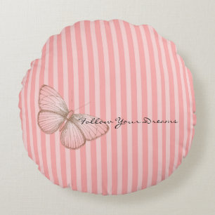 Pink Stripes with Butterfly Round Pillow