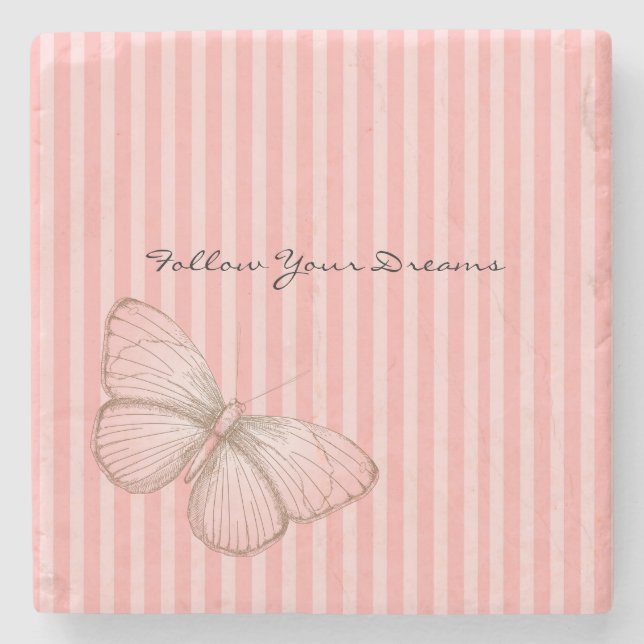 Pink Stripes with Butterfly Stone Coaster (Front)