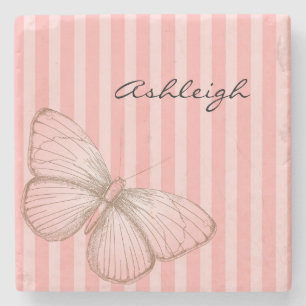 Pink Stripes with Butterfly Stone Coaster