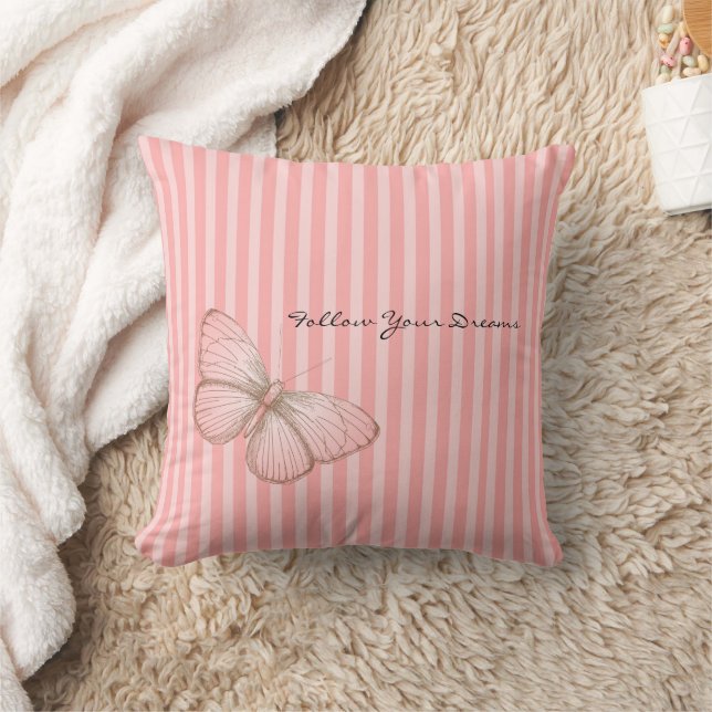 Pink Stripes with Butterfly Throw Pillow (Blanket)