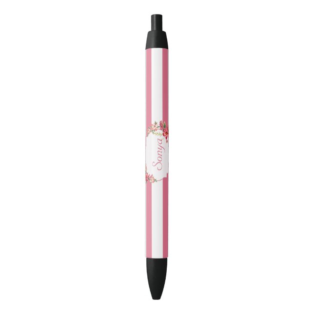 Pink Stripes With Flowers Black Ink Pen (Front Vertical)