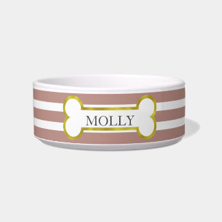 Pink Stripes with Gold Bone Personalized Pet Bowl