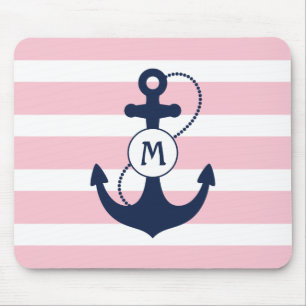 Pink Stripes with Nautical Anchor and Monogram Mouse Pad