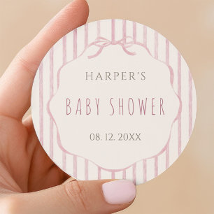 Pink Stripes with Scalloped Frame Baby Shower  Classic Round Sticker