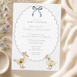 Pink Stripes Woodland Duckling Bow Boy Baby Shower Invitation