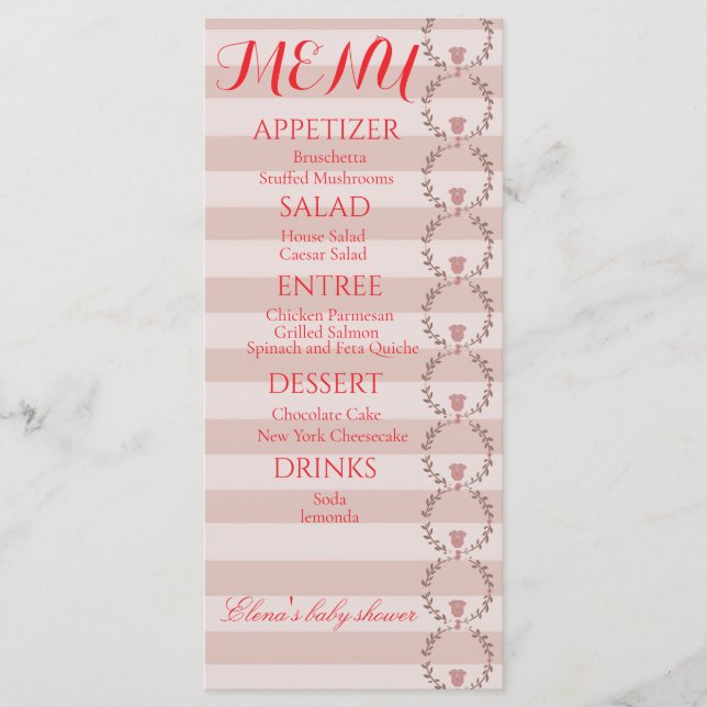 Pink Stripes Wreath Baby Shower Menu (Front)