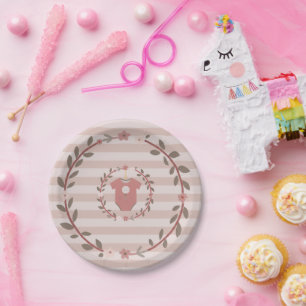 Pink Stripes Wreath Baby Shower Paper Plate
