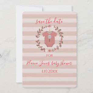 Pink Stripes Wreath Baby Shower Save the Date Invitation