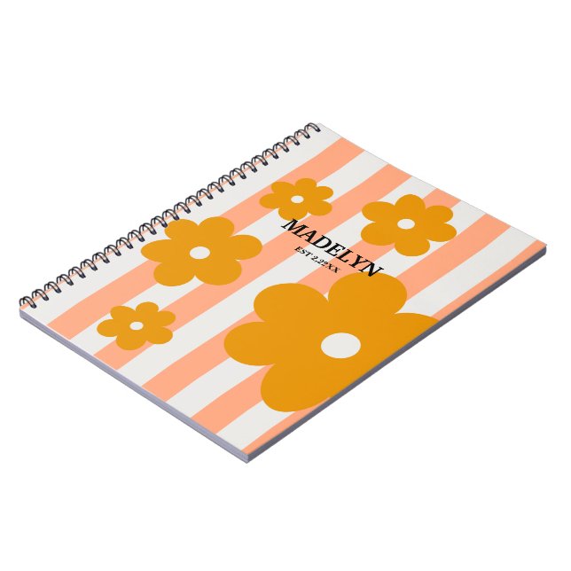 Pink Stripes & Yellow Flowers Personalized Script Notebook (Left Side)