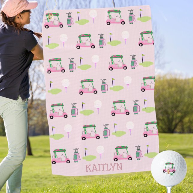 Pink Stylish Feminine Golf Design Custom Name Golf Towel (Creator Uploaded)