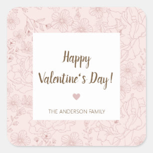 Pink Stylish Floral Line Happy Valentine's Day Square Sticker