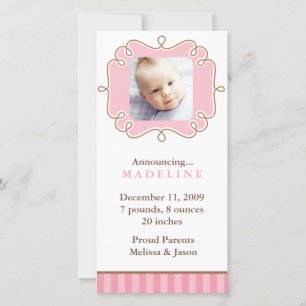 Pink Stylish Frame Photo Birth Announcements