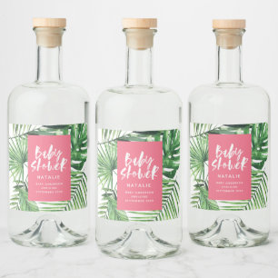 Pink stylish tropical foliage modern baby shower liquor bottle label