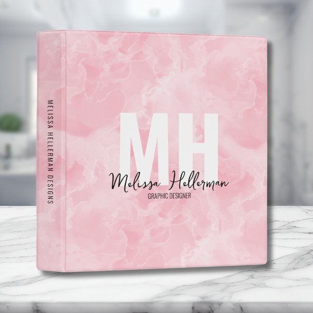 Pink Stylish Watercolor Monogram Binder (Chic Elegant Pink Marble Watercolor Monogram 3 ring binder)