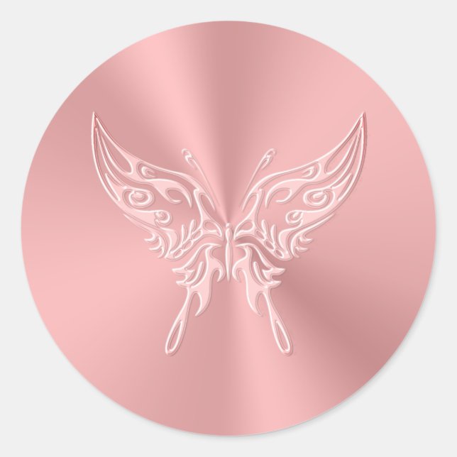 Pink Stylized Butterfly Round Tail, Embossed-look Classic Round Sticker (Front)