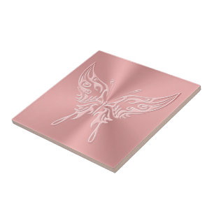 Pink Stylized Butterfly Round Tail, Embossed-look Tile