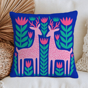 Pink Stylized Deers on Navy Blue Modern Woodland Throw Pillow