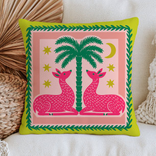Pink Stylized Deers with Palm Tree Elegant Green Throw Pillow