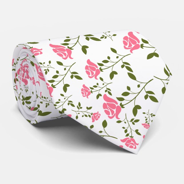 Pink Stylized Roses Pattern Tie (Rolled)