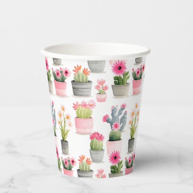 Pink Succulent Pattern Watercolor Cactus Bıohemian Paper Cups (Front)