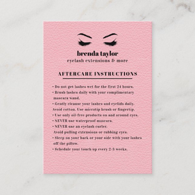 Pink Suede Eyelash Browbar Aftercare Instructions Business Card (Front)