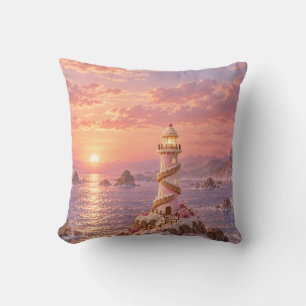 Pink Sugar Lighthouse Romantic Coastal Sunset Throw Pillow