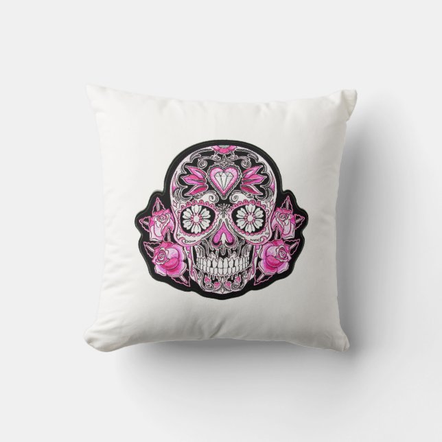 Pink Sugar Skull and Roses Throw Pillow (Front)