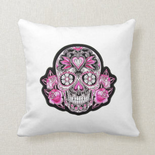 Pink Sugar Skull and Roses Throw Pillow
