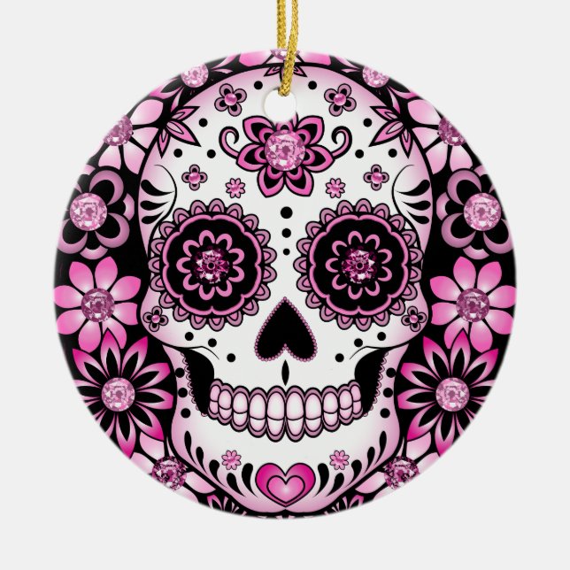 Pink Sugar Skull Ceramic Ornament (Front)
