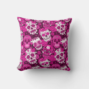 Pink sugar skull floral ornamental pattern throw pillow