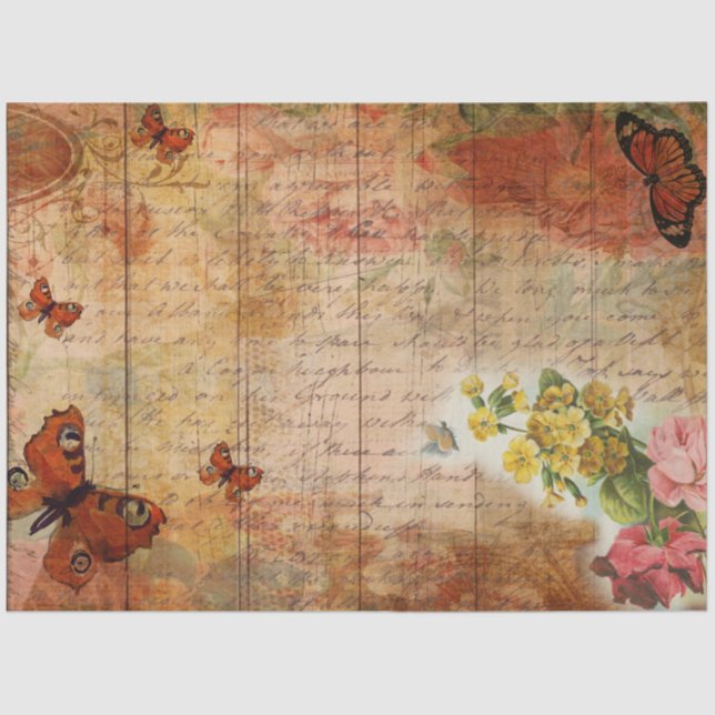 Pink Summer Butterfly with Flowers Ephemera  Tissue Paper (Front)