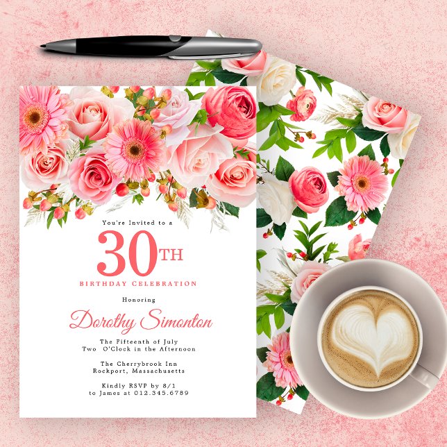 Pink Summer Floral Pretty 30th Birthday Invitation (Creator Uploaded)