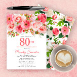 Pink Summer Floral Pretty 80th Birthday Invitation<br><div class="desc">Roses, peonies and daises create pretty summer pink floral design. Buds and foliage add a rustic vibe. 80th is written in a large bold text. It can be changed for any year you wish. The birthday celebrant's name is written in an elegant script font. The back of the invitation is...</div>
