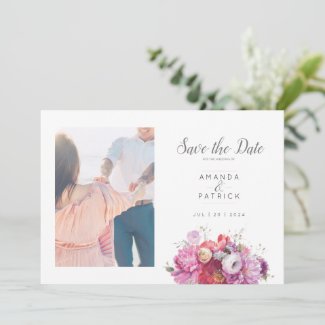 Pink Summer Floral Watercolor Wedding Photo Save The Date