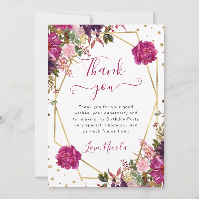 Pink Summer Flowers Frame Birthday Thank You Card (Front)