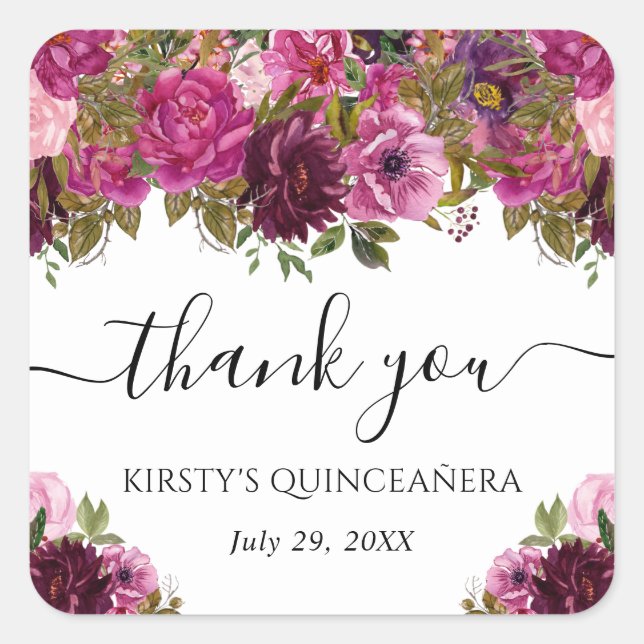 Pink Summer Flowers Quinceanera Square Sticker (Front)