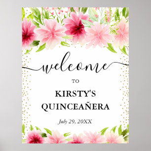 Pink Summer Flowers Quinceanera Welcome Poster