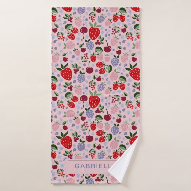 Pink Summer Fruit Berries Bridesmaid Personalized Bath Towel (Bath Towel)