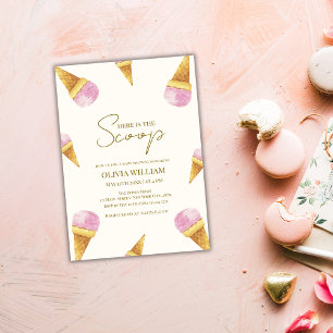 Pink Summer Here's The Scoop Ice Cream Baby Shower Invitation