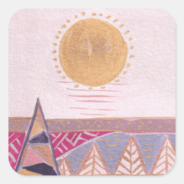 Pink summer landscape, folkart, watercolor square sticker (Front)