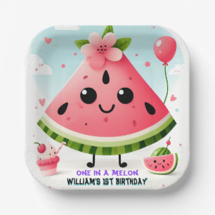 pink summer one in a melon first 1st birthday paper plate