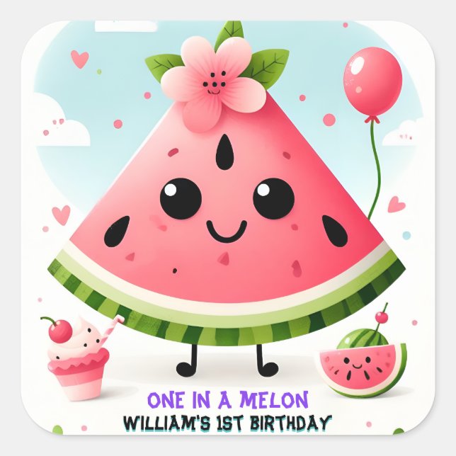 pink summer one in a melon first 1st birthday square sticker (Front)
