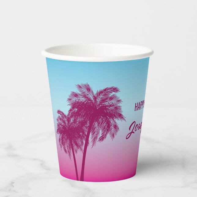 Pink Summer Palm Trees Tropical Sky Birthday Paper Cups (Front)