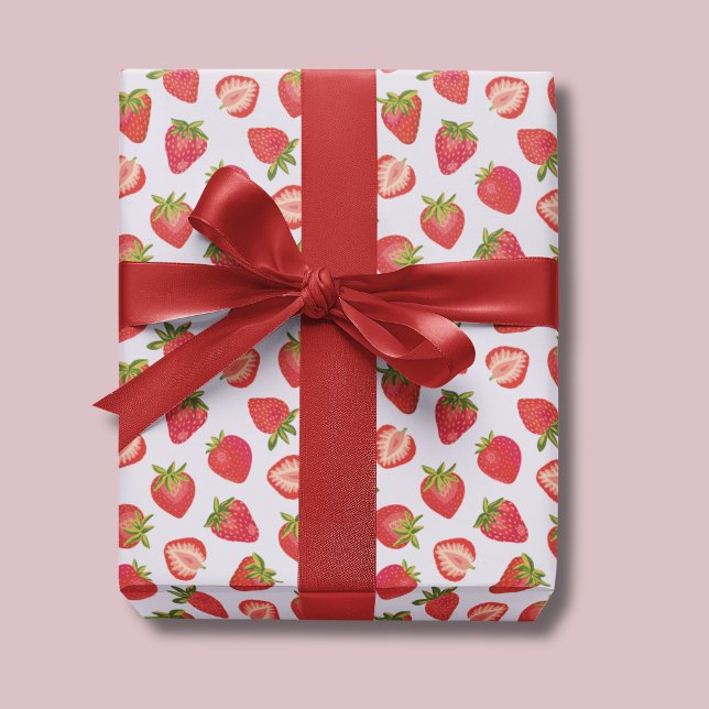 Pink Summer Strawberry Pattern Wrapping Paper (Cute strawberry summer fruit wrapping paper, ideal for birthdays gift wrap.)