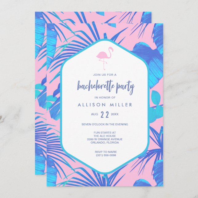 Pink Summer Tropical Flamingo Bachelorette Party Invitation (Front/Back)