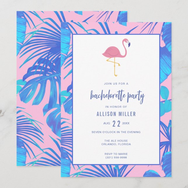 Pink Summer Tropical Flamingo Bachelorette Party Invitation (Front/Back)