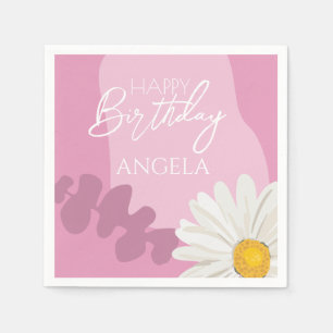 Pink Summer White Daisy Happy Birthday Party Napkin